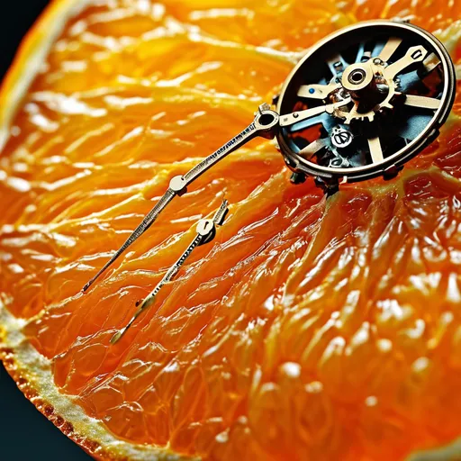 Prompt: A stunning, high-definition close-up of an orange slice, meticulously captured in 4K resolution. The orange's vibrant hue is accentuated by the intricate,  clockwork mechanisms 