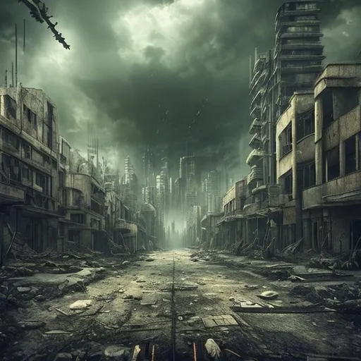 Prompt: a post apocalyptic city street between dystopian  buildings looking out on a dark an ominous skyline with toxic clouds in a dark setting nature, plants, trees growing in the streets and on the buildings