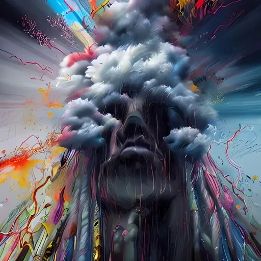 Prompt: Tall Multi Tiered, Anime, hyperrealism, graffiti, avant-garde, cell shaded, Swirling mass of dark clouds, Rainy, Lightening, sparks Dark sky by Sam Spratt