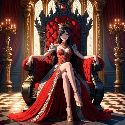 Prompt: (anime girl), black hair, red eyes, queen dress, sits on throne with legs crossed, blush, flirty smile, detailed, masterpiece, 4K, highly detailed costume, intricate throne design, vibrant color tones, dramatic lighting, alluring atmosphere, regal background, elegantly designed surroundings, photorealistic, ultra-detailed shadows and highlights