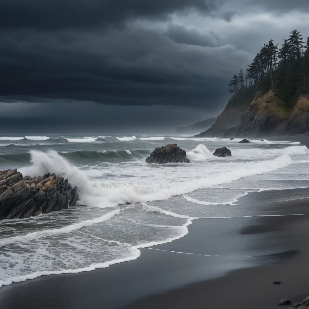 Prompt: Stormy beach day in forks Washington 