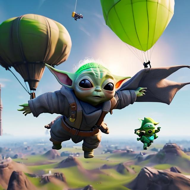 Prompt: realistic baby yoda flying with a parachute in fortnite