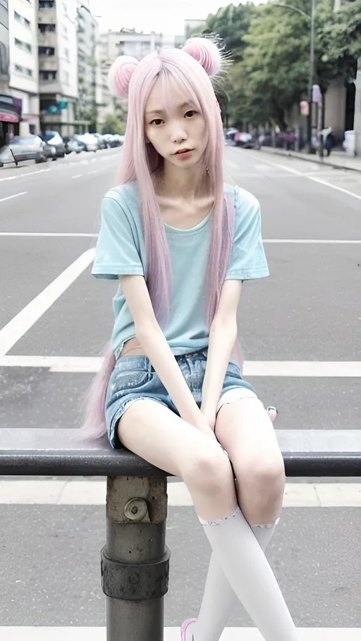 Prompt: Photorealistic, extremely skinny girl, Asian woman, pastel hair, cute fashion, very skinny, anorexia, outside, sitting on a railing, street fashion, long hair blowing in wind, happy, kawaii fashion, sunny day