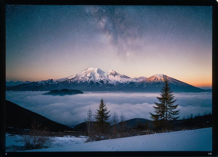 Prompt: Photography, photorealistic, landscape, Fuji velvia slide film, 50 iso, long exposure, stars sill visible in the dark portion of the sky during golden hour, mountain reference for the alps. 