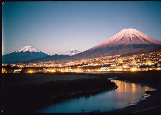 Prompt: Photography, photorealistic, landscape, Fuji velvia slide film, 50 iso, long exposure, stars sill visible in the dark portion of the sky during golden hour. 