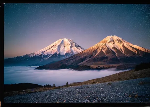 Prompt: Photography, photorealistic, landscape, Fuji velvia slide film, 50 iso, long exposure, stars sill visible in the dark portion of the sky during golden hour, mountain reference for the alps. 