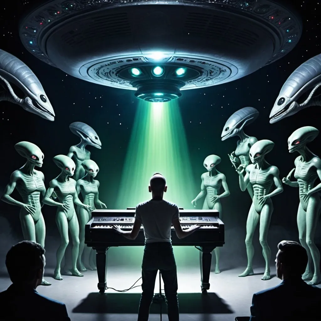 Prompt: A singer is being watched by aliens singing in an alien spaceship