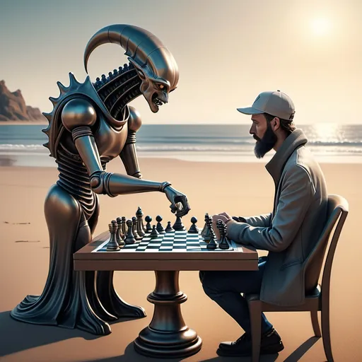 Prompt: A hyper-realistic, ultra-detailed 4K illustration of an intense chess match between a human and an alien, set on a serene beach during golden hour. The human, wearing casual yet stylish clothes and a cap, has a well-groomed beard and is deeply focused, almost winning the game. The alien, with unique skin texture and intricate features, is equally concentrated. The chess pieces are highly detailed, almost glowing under the warm sunset light. The calm ocean waves softly crash in the background, while palm trees sway gently in the breeze. The beach is scattered with accessories like sunglasses, a drink, and a towel, adding to the realism. The atmosphere is a perfect blend of tension and serenity, with cinematic lighting and vibrant yet natural colors. Photorealistic render, ultra-sharp focus, HDR, dynamic shadows, soft reflections, depth of field, and intricate textures.