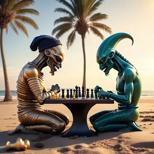 Prompt: two creatures playing chess, alien and human wearing clothes and a cap, should have some beard seated by the beach, tension in the game, intense focus, warm golden hour lighting, soft waves in background, palm trees swaying, serene ambiance, high detail, vibrant colors, calm atmosphere, human almost winning, intricate chess pieces, beach accessories scattered around, 4K, ultra-detailed illustration.