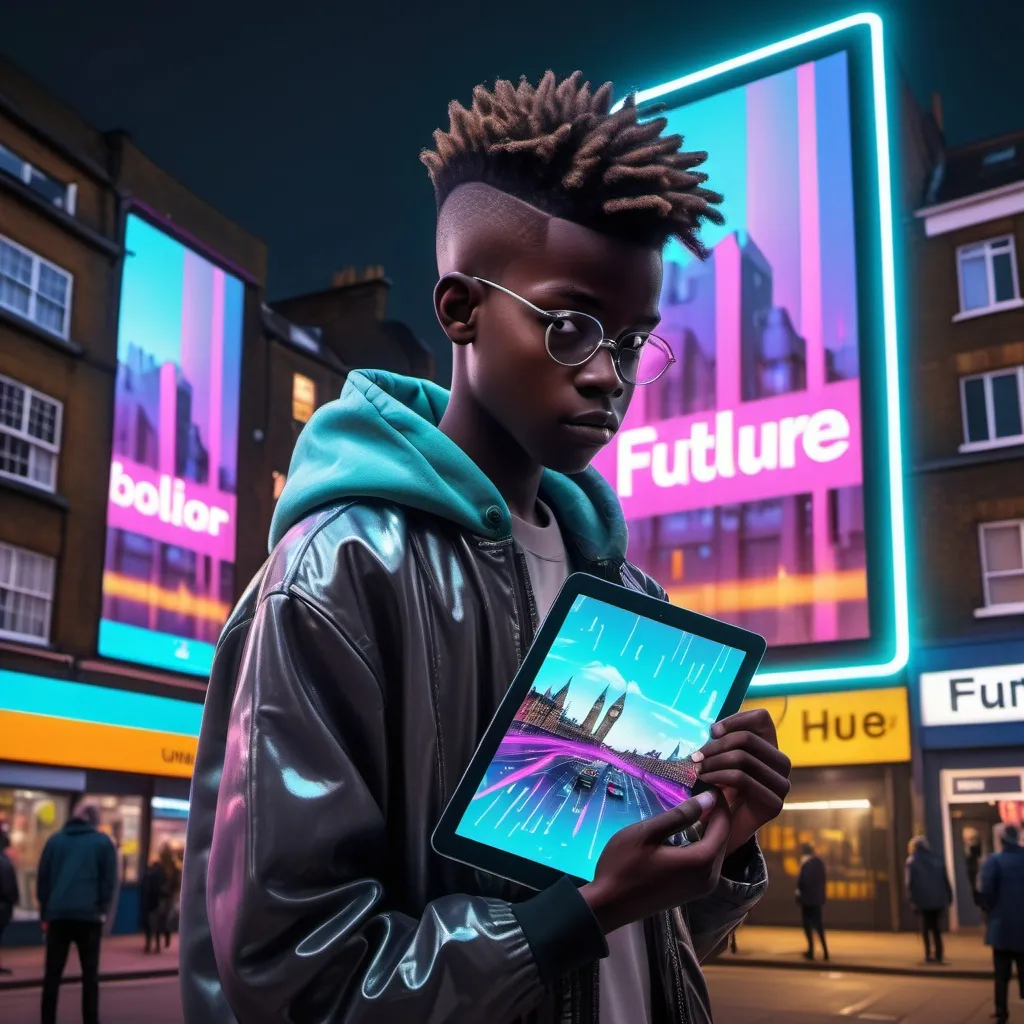 Prompt: A well-built African boy with stylish hair fade and unmatched swag stands in a vintage city looks like london infused with digital glitches—old brick buildings glow with neon billboard. He flips a tablet as holographic circuits pulse beneath his feet. Background billboard, "The future is here"