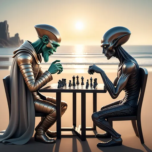 Prompt: A hyper-realistic, ultra-detailed 4K illustration of an intense chess match between a human and an alien, set on a serene beach during golden hour. The human, wearing casual yet stylish clothes and a cap, has a well-groomed beard and is deeply focused, almost winning the game. The alien, with unique skin texture and intricate features, is equally concentrated. The chess pieces are highly detailed, almost glowing under the warm sunset light. The calm ocean waves softly crash in the background, while palm trees sway gently in the breeze. The beach is scattered with accessories like sunglasses, a drink, and a towel, adding to the realism. The atmosphere is a perfect blend of tension and serenity, with cinematic lighting and vibrant yet natural colors. Photorealistic render, ultra-sharp focus, HDR, dynamic shadows, soft reflections, depth of field, and intricate textures.