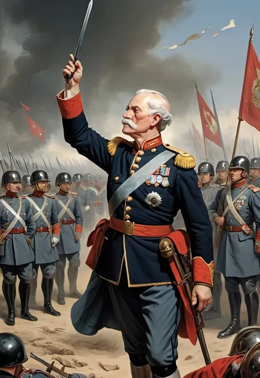 Prompt: In a dramatic battlefield scene, two generals stand face to face, embodying the fate of their respective nations. On the left, a general with a stern and thoughtful expression exudes confidence and authority, leading a victorious army. Behind him, his troops stand strong and united, their banners flying high as they celebrate their hard-earned victory.

On the right, the other general appears disheveled and anxious, his face etched with worry and indecision. His army is in disarray, with soldiers retreating in panic and their banners falling to the ground. The contrast between the two sides is stark, illustrating the clear outcome of the battle: one side triumphs while the other crumbles under the weight of defeat.