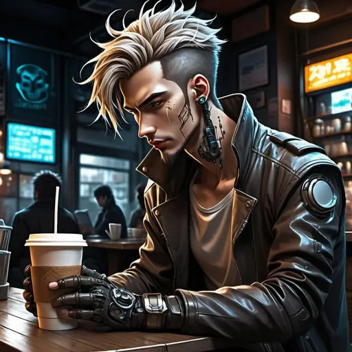 Prompt: Anime cyberpunk style, man in coffee shop, highly detailed, HD, dark background