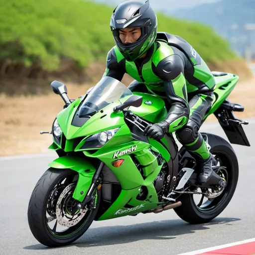 Prompt: japanese ninja on kawasaki zx10r super bike