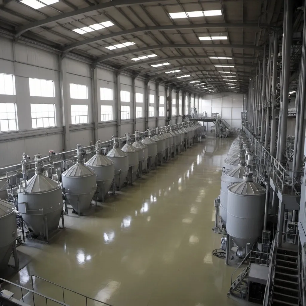 Prompt: Inside the battery chemical manufacturing plant, large industrial mixers hum as they blend various powders to create the battery components. The room is filled with the mechanical whirring of the mixers and the sound of powders being processed. Tall silos stand against the walls, handling the storage and distribution of the battery powder.