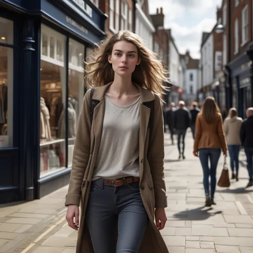 Prompt: Tall young woman walking down the high street, detailed clothing, realistic, natural lighting