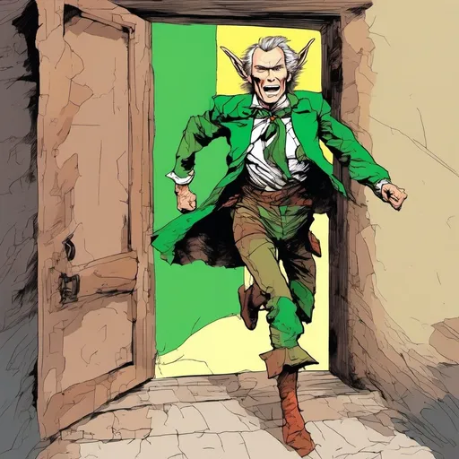 Prompt: Clint Eastwood portrayed as a fantasy or tolkein style elf, in 1910s clothing, running through doorway