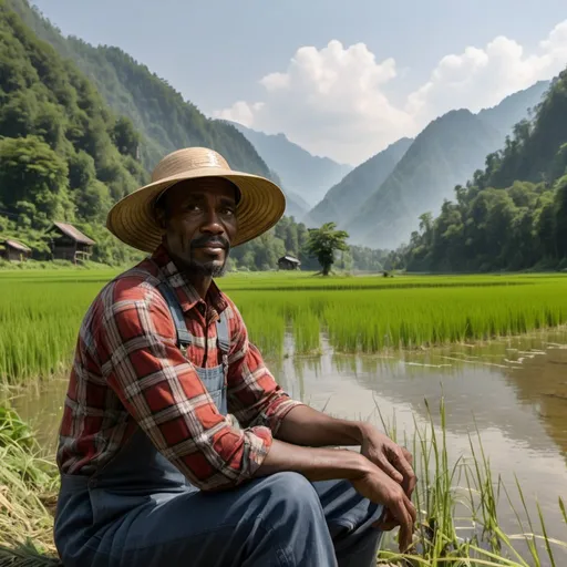 Prompt: A black man sitting on a forest riverside with mountains in the background. He is wearing a plaid shirt, overalls, and a chinese-style rice field sun hat.