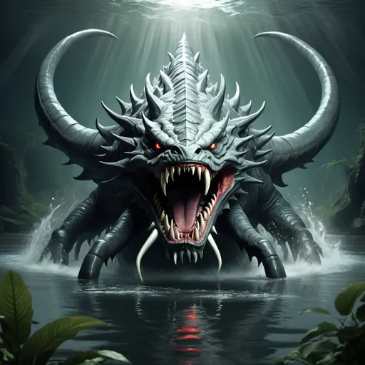 Prompt: River beast with a great jaw and twelve tentacles in the water 