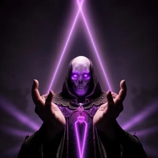 Prompt: A necromancer casting a beam of purple light out of his hands in front of him.