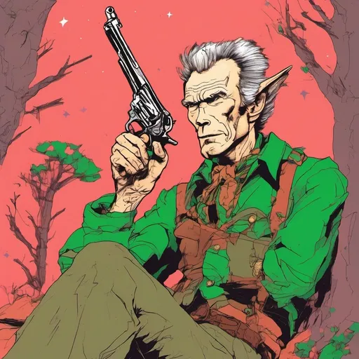 Prompt: Clint Eastwood as an elf, in 1910s clothing, holding a gun.