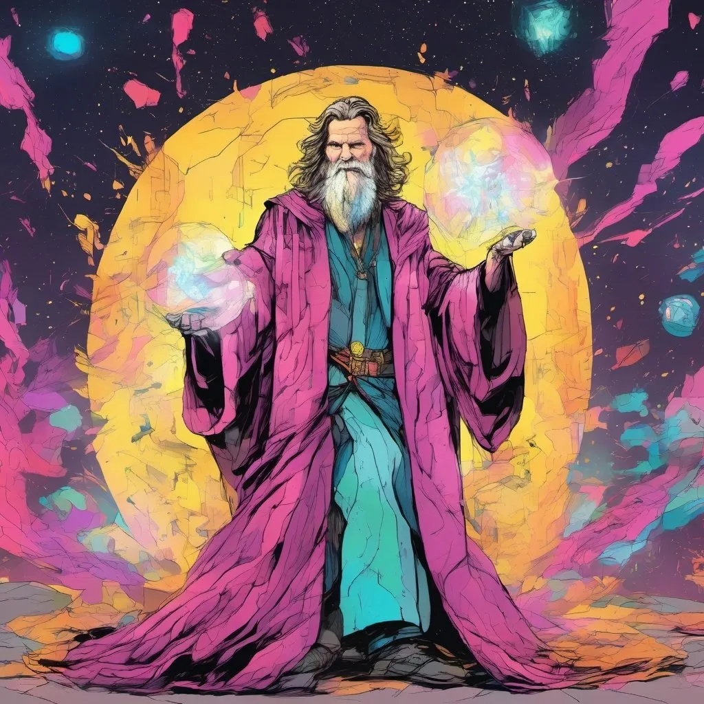 Prompt: Jeff Bridges in a long wizards robes, holding up a magical forcefield 