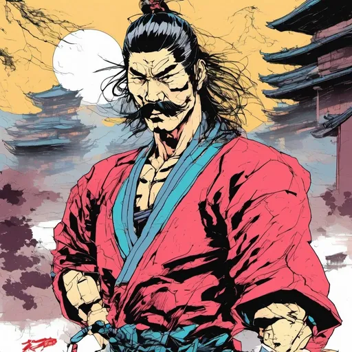 Prompt: Young Ken Takakura  with mustache, in Ronin gear.