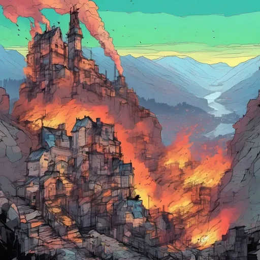 Prompt: An industrial era town, with a burning castle, set between mountains; as seen from a stone precipice 