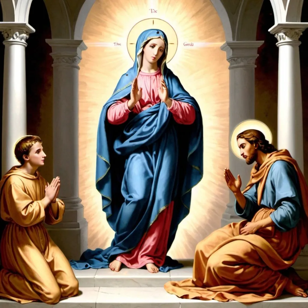 Prompt: Gabriel, the messenger od God, appearing infront of the Virgin Mary while she is praying.