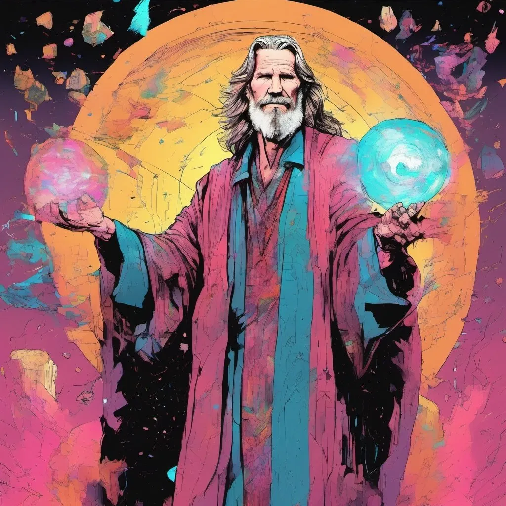 Prompt: Jeff Bridges in a long wizards robes, holding up a magical forcefield 