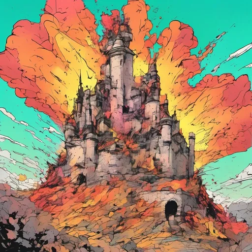 Prompt: A wide castle turret, the top of which is being blown up from a massive explosion from within.