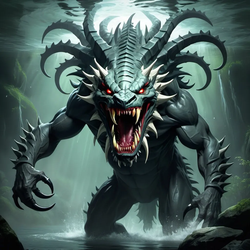 Prompt: River beast with a great jaw and twelve tentacles in the water 