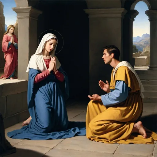 Prompt: The Virgin Mary Praying While Gabriel appears in front of her