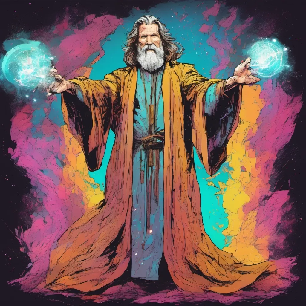 Prompt: Jeff Bridges in a long wizards robes, holding up a magical forcefield 