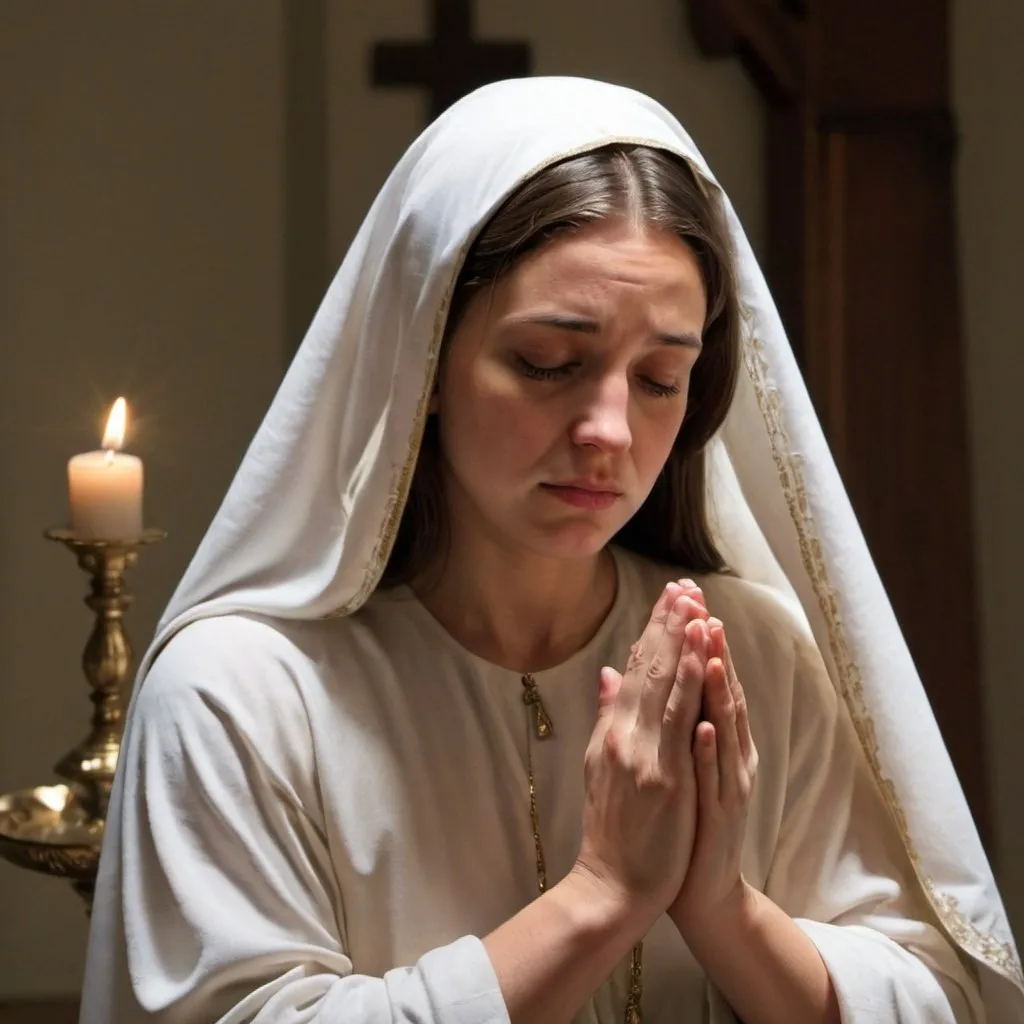 Prompt: Gabriel appearing in front of the Virgin Mary while she is praying.