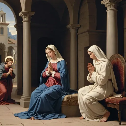Prompt: The Virgin Mary Praying While Gabriel appears in front of her