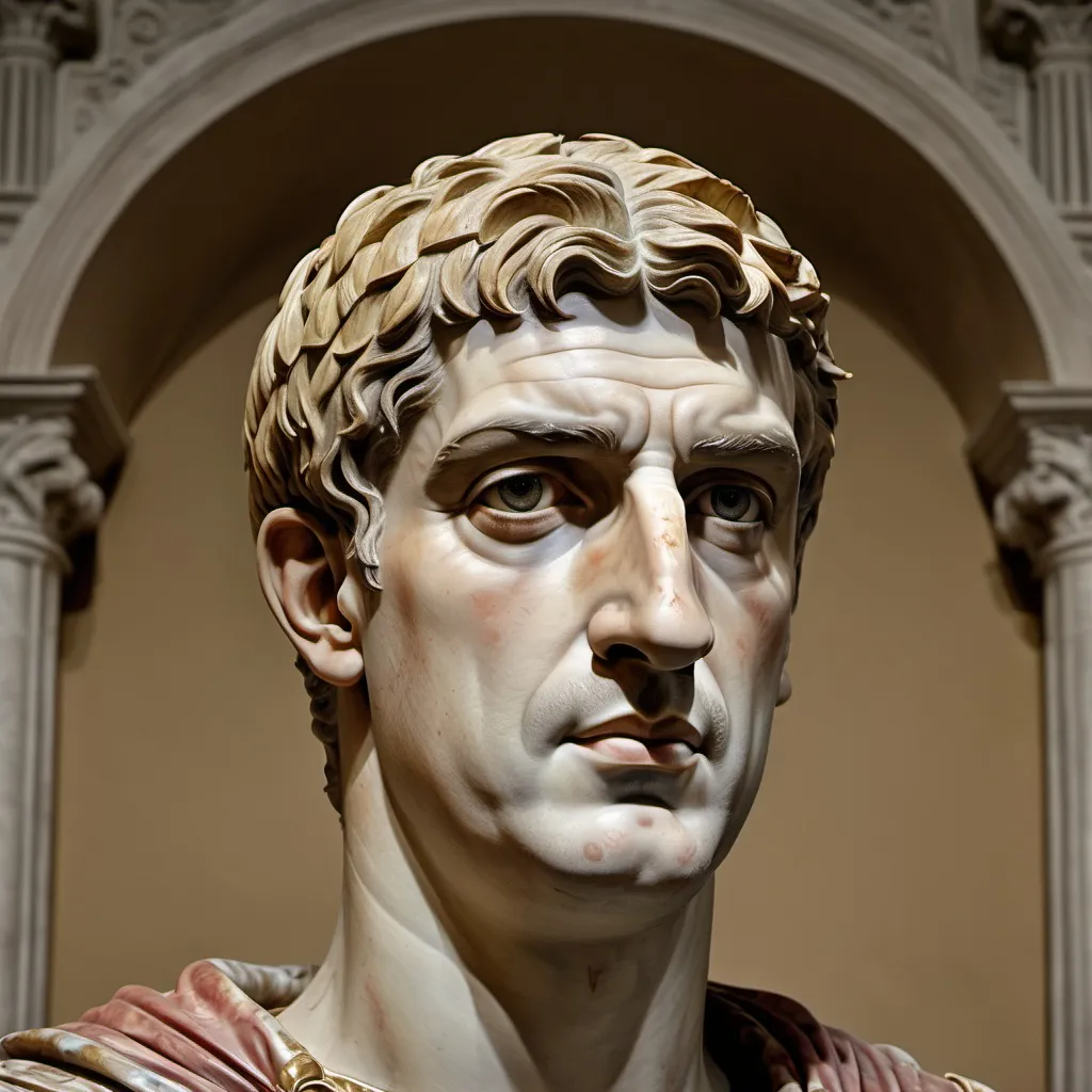 Prompt: Emperor Constantine of Rome, portrayed in full color, based on sculptures of him