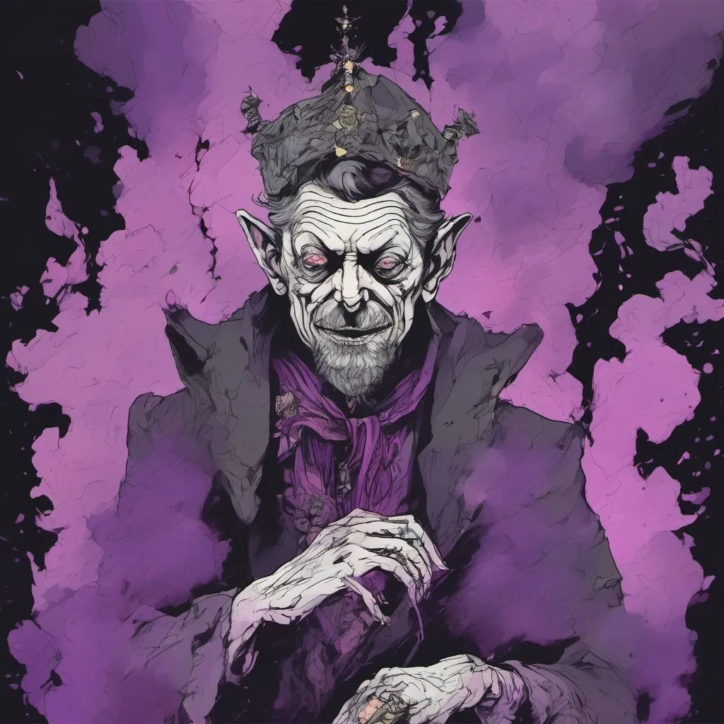 Prompt: Andy Serkis as lich of black magic, surrounded by purple smoke