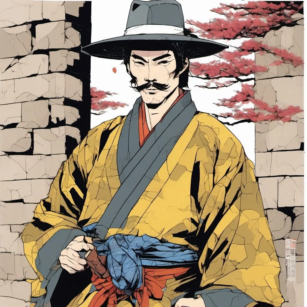 Prompt: Young Ken Takakura  with mustache, dressed Ronin kimono and wearing a fedora. No background, except stone wall.