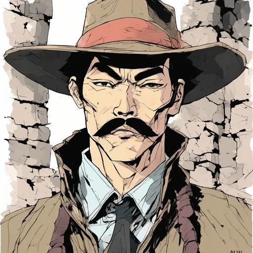 Prompt: Young Ken Takakura  with mustache, in Ronin gear and wearing a fedora. No background, unless stone wall