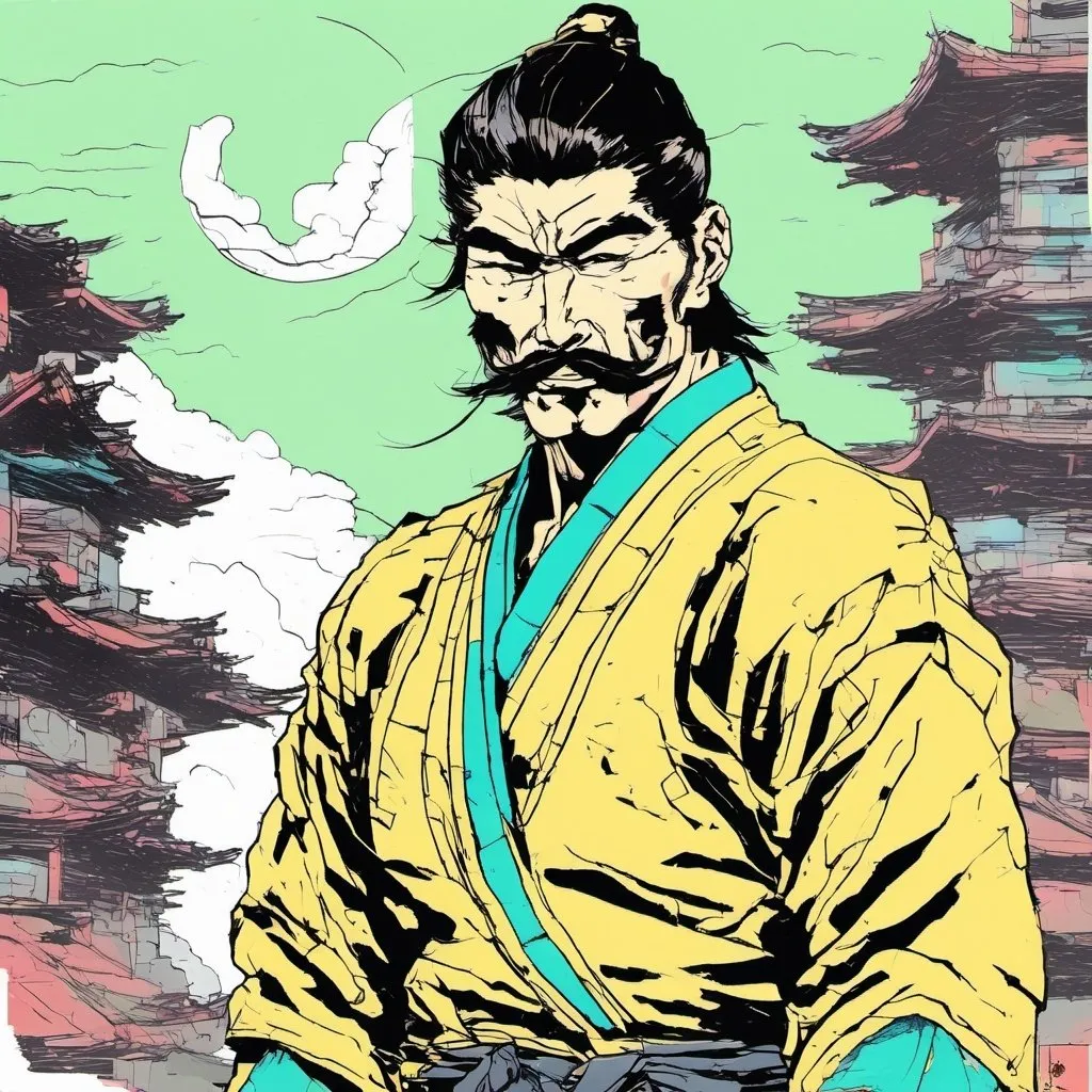 Prompt: Young Ken Takakura  with mustache, in Ronin gear.