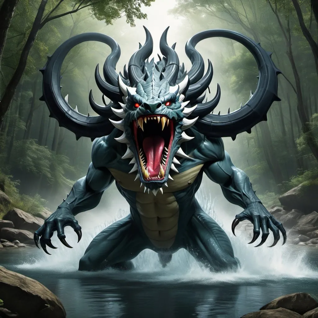 Prompt: River beast with a great jaw and twelve tentacles in the water 