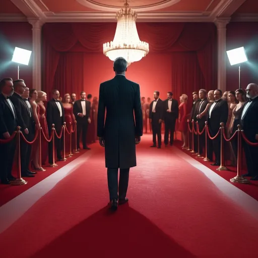 Prompt: (main subject: a man standing on a red carpet), (elegant setting in front of a red carpeted area), vibrant and rich red tones, cinematic lighting, (political theme), mixed with (VFX elements) to enhance the picture's impact, showcasing nuances of expression and ambiance, (HD, ultra-detailed), an overall mood of grandeur and influence