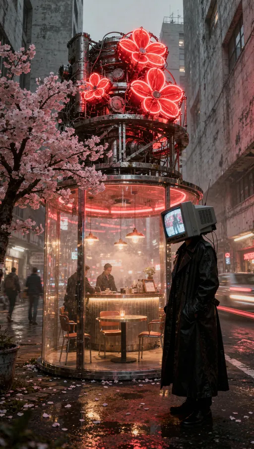 Prompt: Amidst a bustling urban environment, a crt tv head  lone figure in a stylish trench  black coat stands beside a transparent booth, their attention drawn to its interior, which glimpses a meticulously arranged café setting. Bright red neon elements, resembling oversized flowers, dominate the upper part of a large metallic structure, casting a vibrant hue over the scene and contrasting sharply with the grey buildings that frame the narrow alleyway. Flanking the booth, a cherry blossom tree adds a touch of natural beauty, its delicate pink flowers enhancing the juxtaposition of technology and nature. The composition delivers a futuristic yet nostalgic atmosphere, enveloped in a soft haze, hinting at a story where tradition and modernity coexist, steeped in the rhythm of daily life.