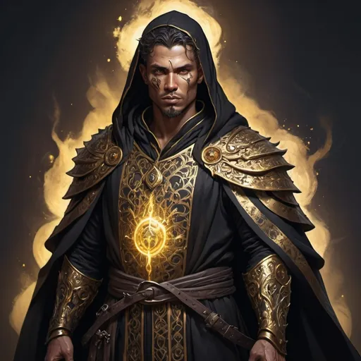 Prompt: Highly detailed 8k dnd whole body fantasy character whole body art, illustration. Male Magical aura magical healer in black and gold robes . Healing wounded medieval soldiers
