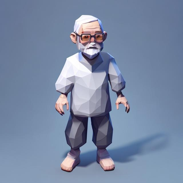 Prompt: kawaii low poly old man character, 3d isometric render, white background, ambient occlusion, unity engine, square image