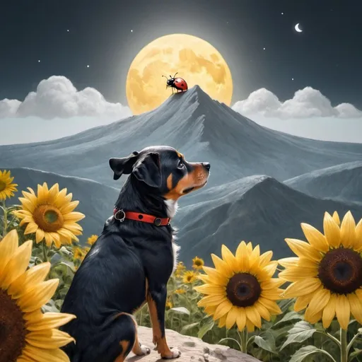 Prompt: A drawing of Ladybug on top of Sun flowers with a dog looking to the moon in a mountain 