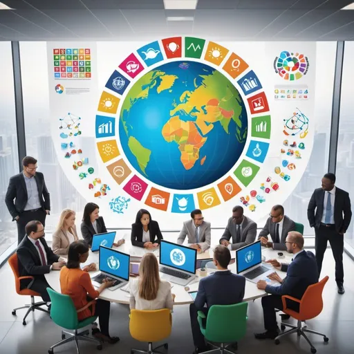 Prompt: Visualize a modern office environment with diverse people working together. In the center, display the SDGs (Sustainable Development Goals) icons, surrounded by professionals from various industries receiving consulting services. The background features an illustration of the Earth and a digital tablet displaying graphs and data. The overall atmosphere should be bright and innovative, emphasizing diversity and sustainability through vibrant colors.