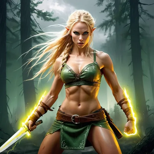 Prompt: full body portrait of a raging gorgeous nordic female elven barbarian in a battle stance holding a yellow glowing longsword, barbarian armor, belts and straps, (very muscular), defined abs, pagan ornaments, slim, blonde braided hair, pale skin, green eyes, fierce look, almond eyes, hands crackling with lightning magic, legs, very muscular, trained body, toned body, abs, raging thunderstorm,

dangerous atmosphere, cold lighting, abstract temperate forest background, (by Jeremy Mann), digital art, (rough brush strokes:1.3), trending on artstation