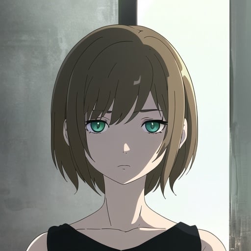 Prompt: Lonely girl with brown short hair and different eyes color. Right eye is blue and left eye is green. She is soft and quiet. 